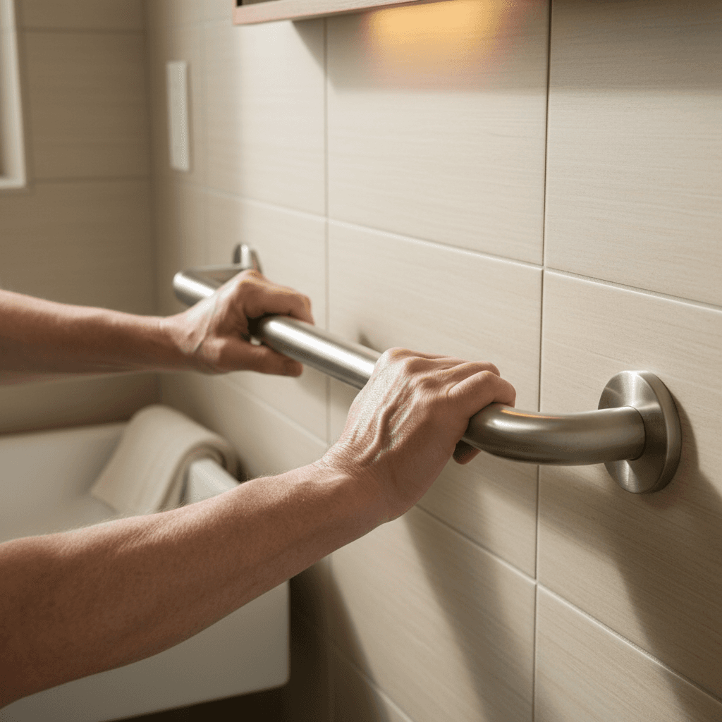Hands gripping an installed grab bar in a home bathroom