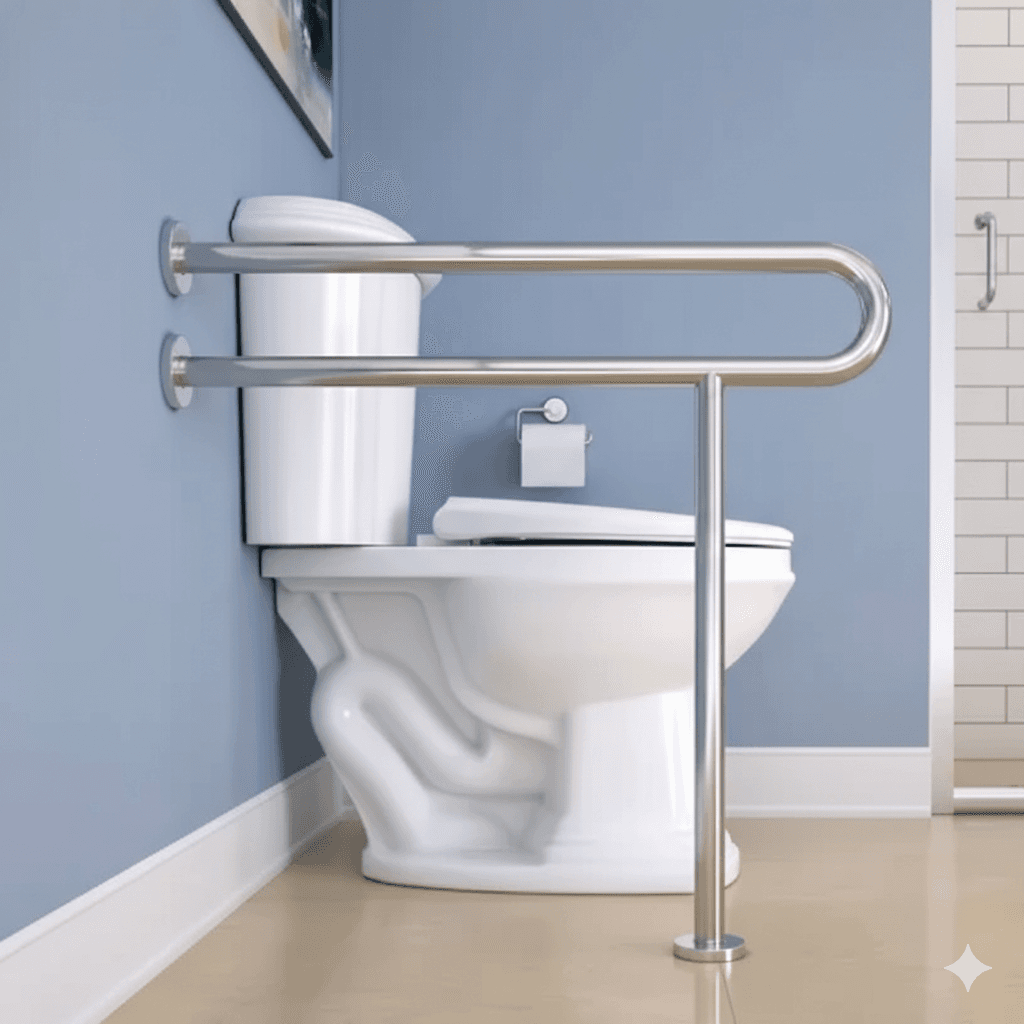 Stainless steel safety grab bar installed beside a white toilet in a blue bathroom.