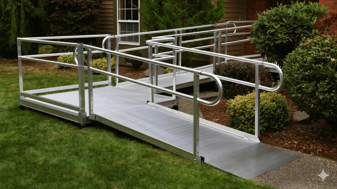 Modular aluminum wheelchair ramp with handrails installed on a lawn leading to a house entrance.