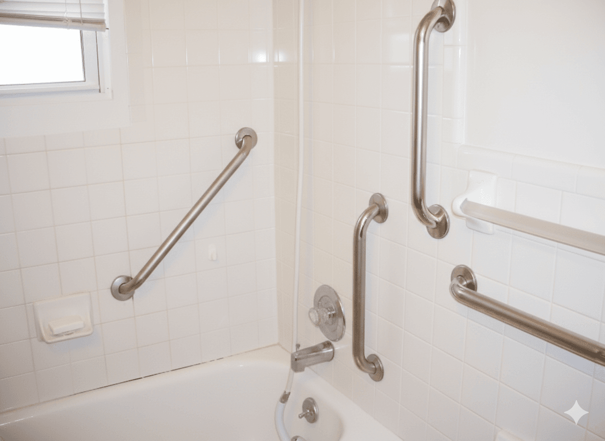 White tiled bathtub area featuring multiple stainless steel grab bars for safety and accessibility.