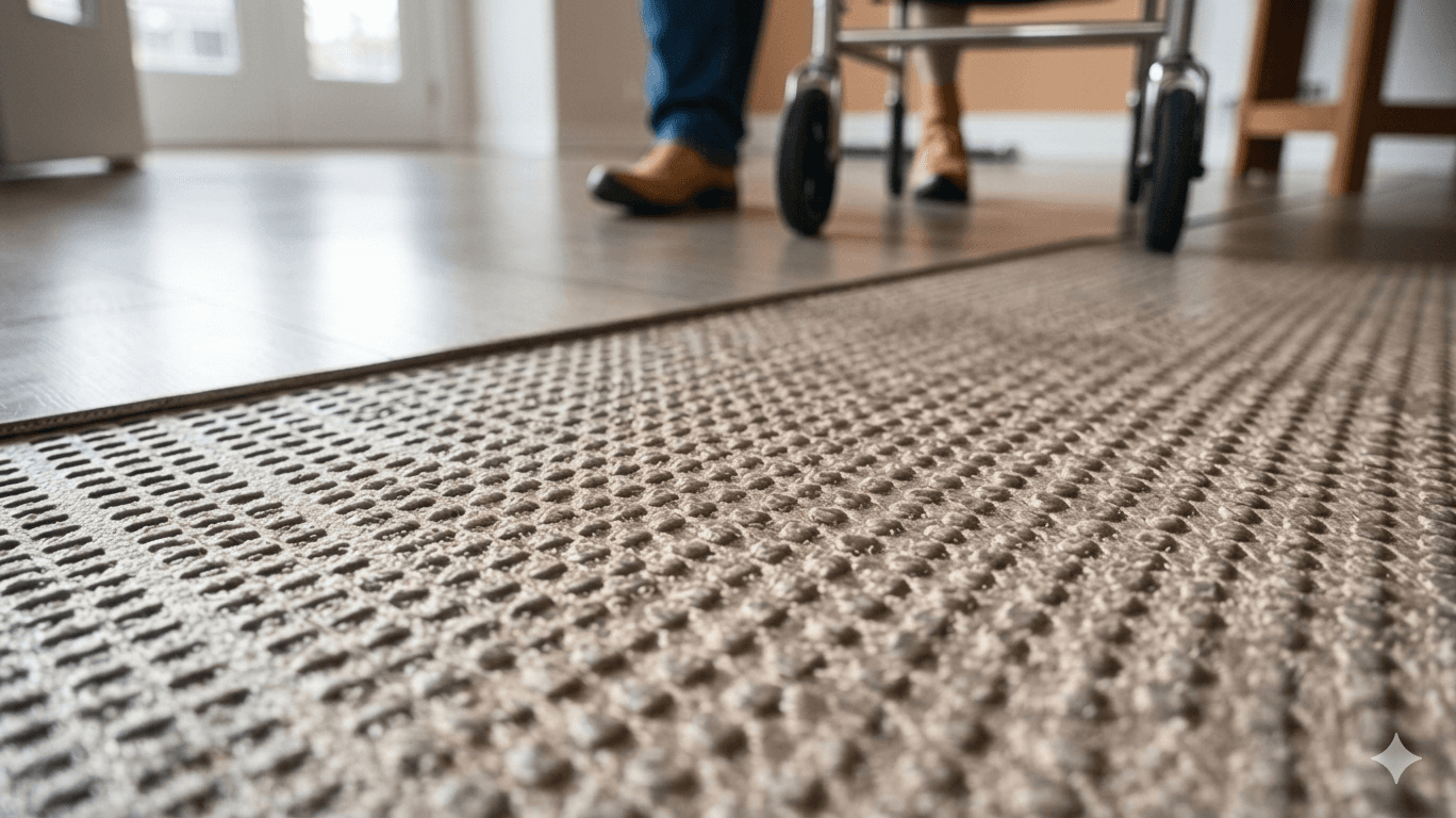 Textured rug in foreground with a person using a walker on smooth indoor flooring.