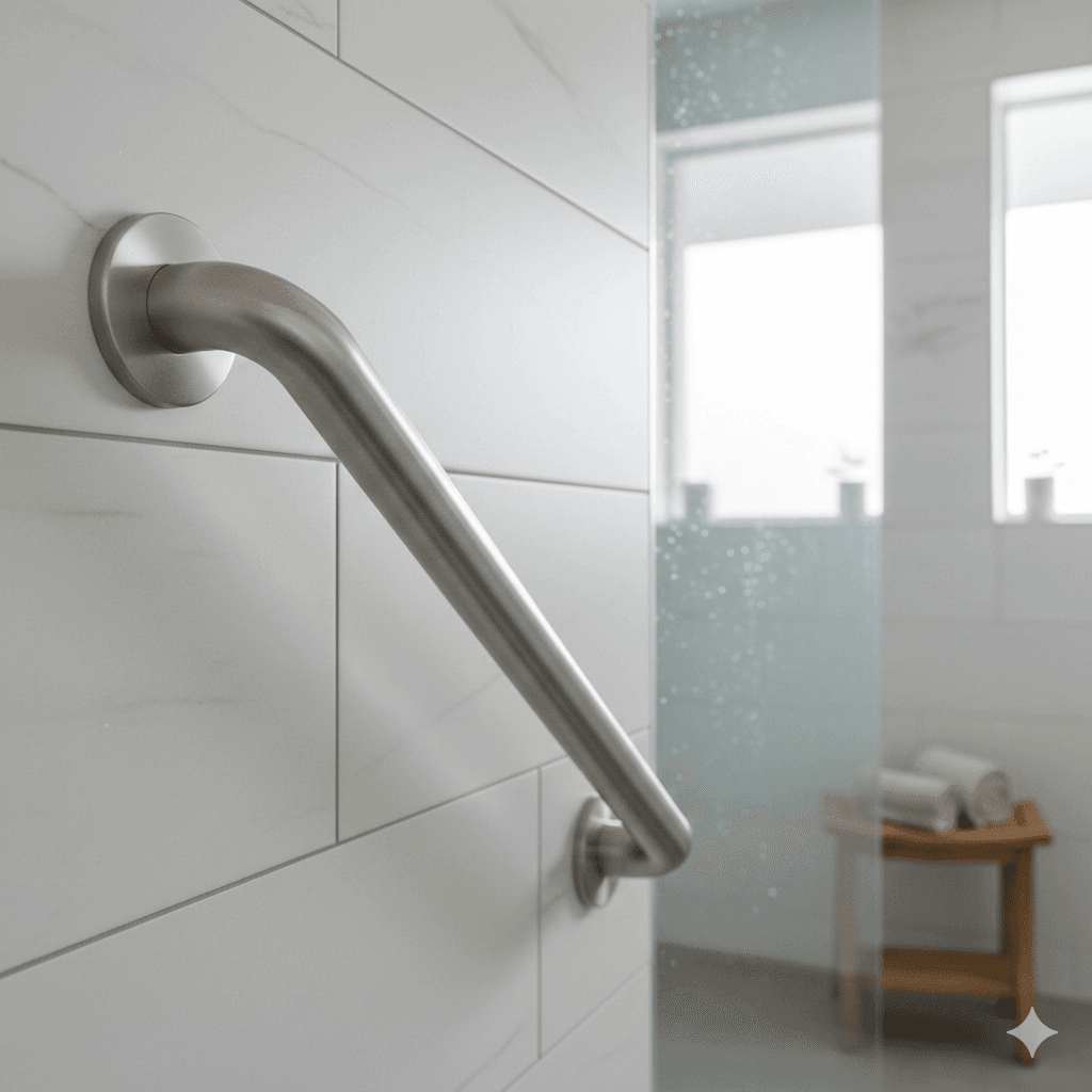 Angled brushed nickel grab bar mounted on white marble tiles in a contemporary bathroom.